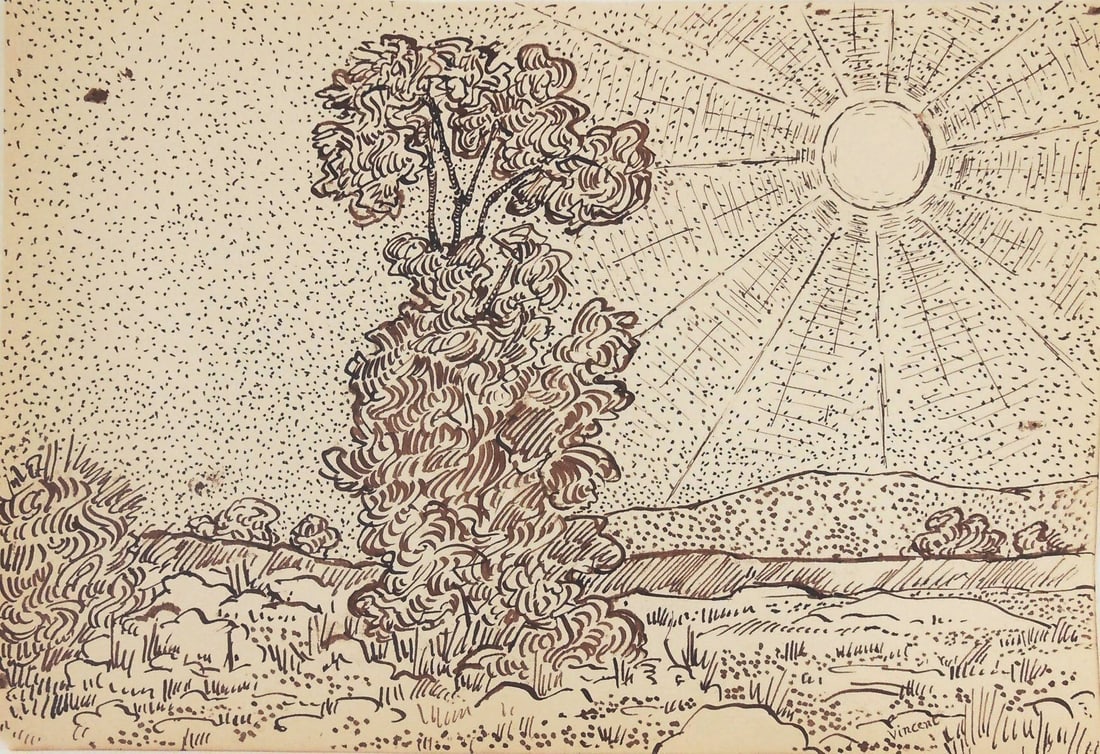Vincent Van Gogh* (1853-1890) Pen & Ink Drawing (See Guarantee & Disclaimer): Pen and ink drawing on laid paper, landscape with tree and sun, signed (Vincent van Gogh*, 1853-1890). 7 1/2 x 11 inches. Very good condition; no apparent damage or repairs. Removed from frame for ins