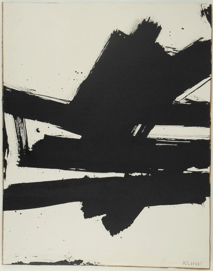 Franz Kline* (1910-1962) Ink Drawing (See Guarantee & Disclaimer): Brush and black ink drawing on wove paper mounted to cardboard, untitled abstract, signed (Franz Kline*, 1910-1962). 15 3/4 x 12 3/8 inches. Very good condition. No apparent damage or repairs. Removed