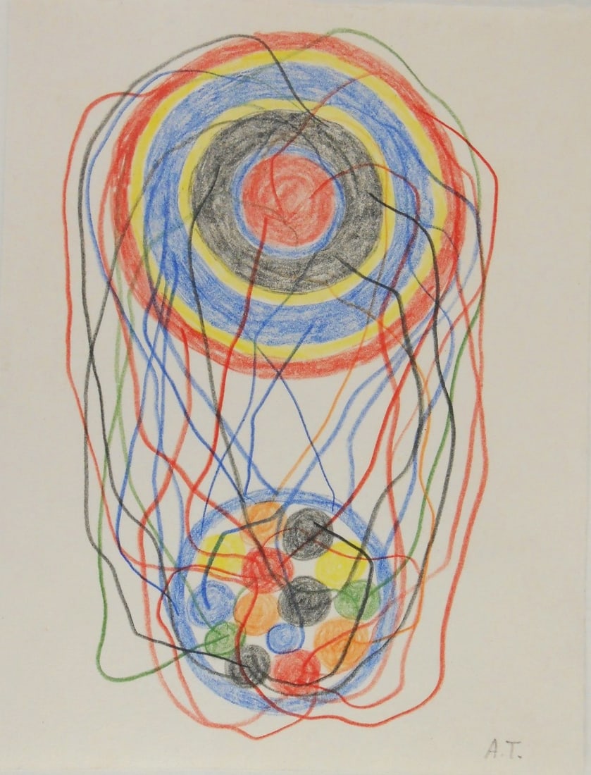 Atsuko Tanaka* (1932-2005) Colored Pencil Drawing (See Guarantee & Disclaimer): Colored pencil drawing on handmade laid paper, untitled abstract, pencil signed with the artist's initials (Atsuko Tanaka*, 1932-2005). 11 1/2 x 8 7/8 inches. Excellent condition, having no visible da