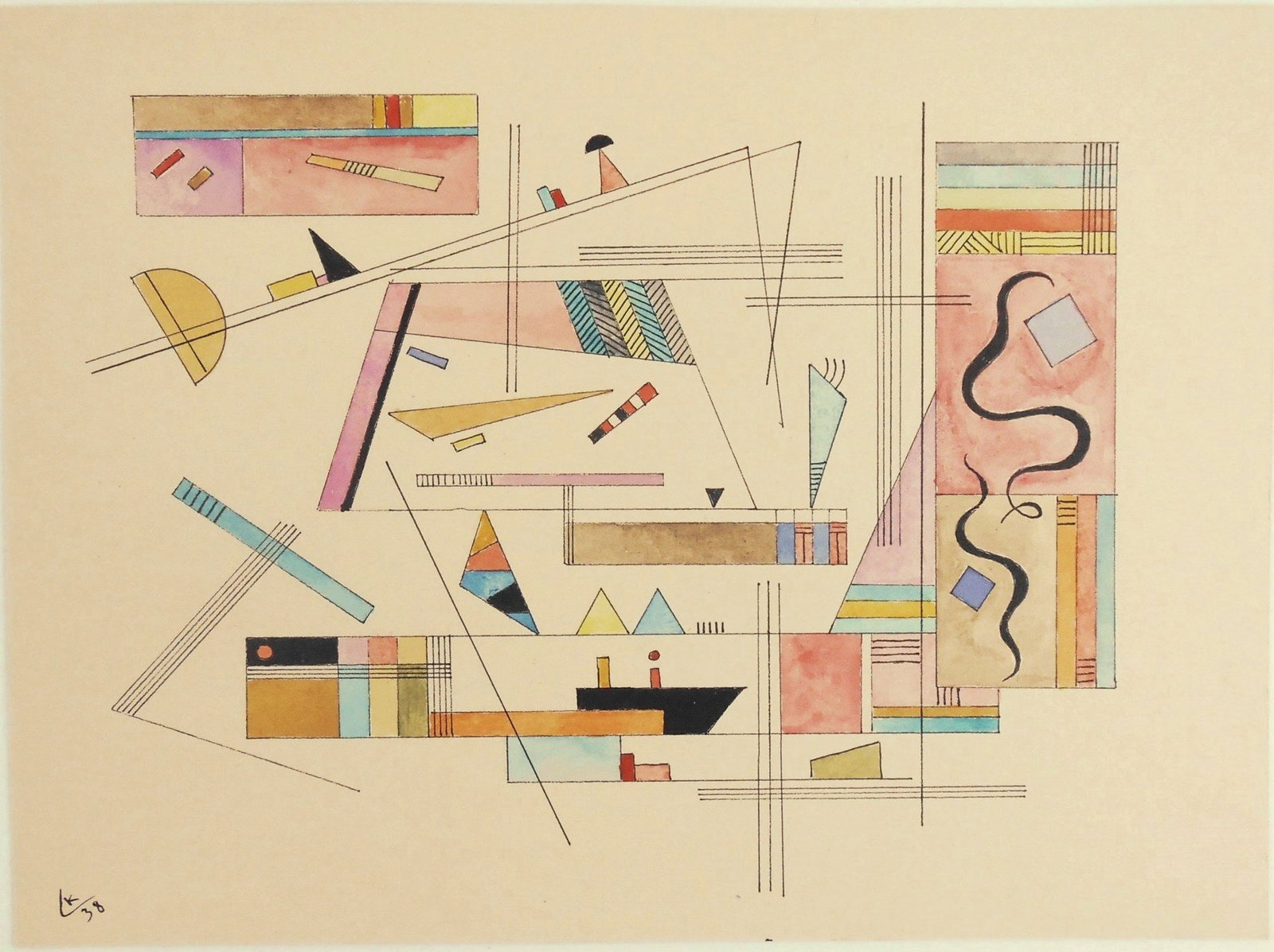 Wassily Kandinsky* (1866-1944) Watercolor (See Guarantee & Disclaimer): Watercolor and black ink on heavy wove paper, untitled abstract, signed with the artist's monogram and dated (Wassily Kandinsky*, 1866-1944). 8 1/2 x 11 3/8 inches. Excellent condition overall; no dam