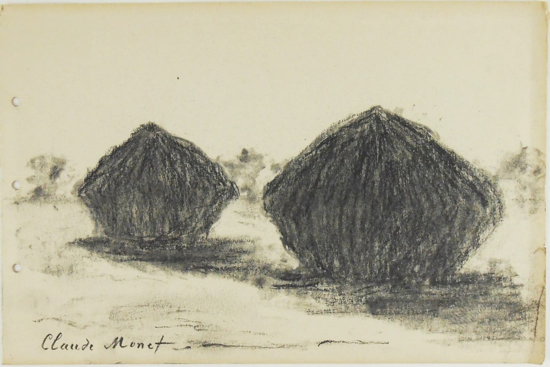 Claude Monet* (1840-1926) Drawing (See Guarantee & Disclaimer): Charcoal drawing on wove paper, probably a page from a sketchbook, study of grainstacks, signed (Claude Monet*, 1840-1926). 6 1/2 x 9 7/8 inches. A few minor imperfections along the righthand edge, ot