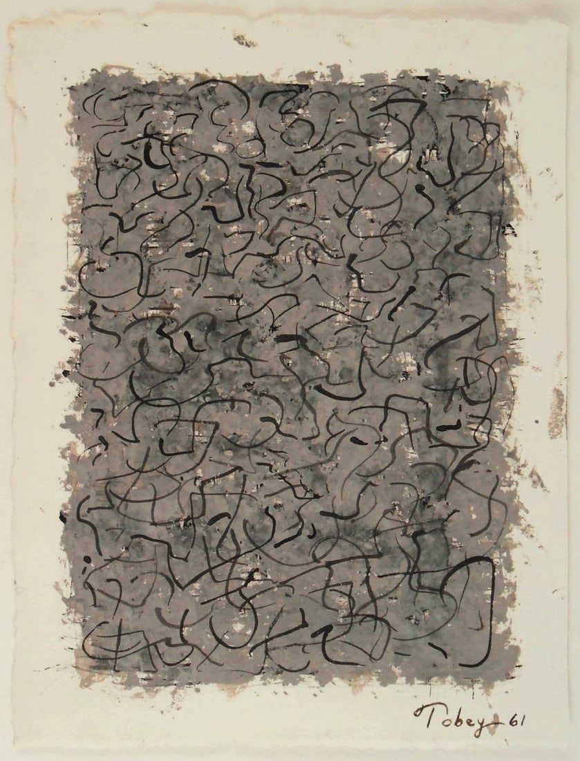 Mark Tobey* (1890-1976) Tempera On Paper (See Guarantee & Disclaimer): Tempera on handmade paper, untitled abstract, signed and dated (Mark Tobey*, 1890-1976). 7 3/4 x 6 inches. Very good condition, having no apparent damage or repairs. Removed from frame for inspection,