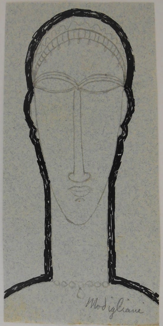 Amedeo Modigliani* (1884-1920) Ink Drawing (See Guarantee & Disclaimer): Black and grey ink drawing on blue/grey Fabriano paper with partial watermark, "Tete". Pencil signed (Amedeo Modigliani*, 1884-1920). 7 3/8 x 3 5/8 inches. Very good condition. Has been removed from f