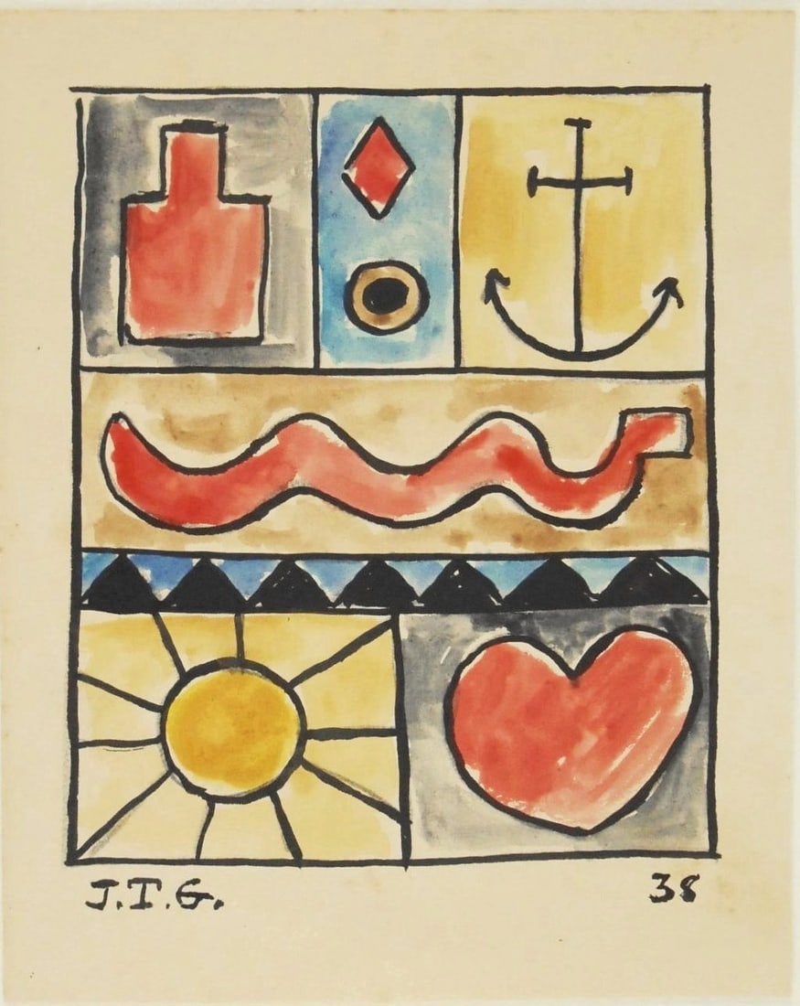 Joaquin Torres-Garcia* (1874-1949) Watercolor (See Guarantee & Disclaimer): Watercolor and black ink with traces of pencil on wove paper, constructive composition, signed with the artist's initials and dated (Joaquin Torres-Garcia*, 1874-1949). 6 x 4 3/4 inches. Some foxing a