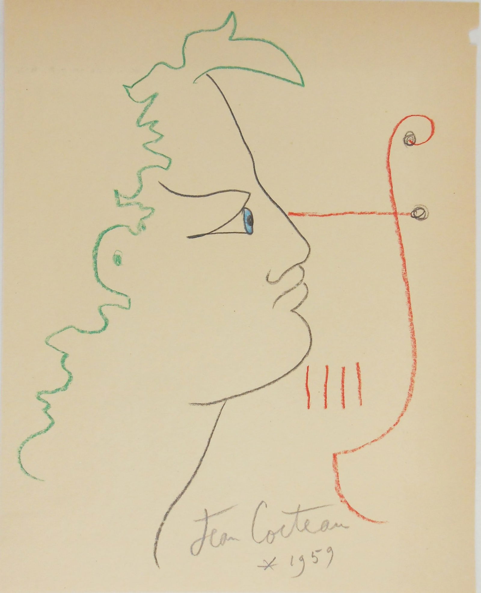 Jean Cocteau* (1889-1963) Colored Pencil (See Guarantee & Disclaimer): Colored pencil drawing on cream-color wove paper, Orpheus and lyre, pencil signed and dated 1959 (Jean Cocteau*, 1889-1963). 9 7/8 x 8 inches. Small chip to upper right corner margin, otherwise very g