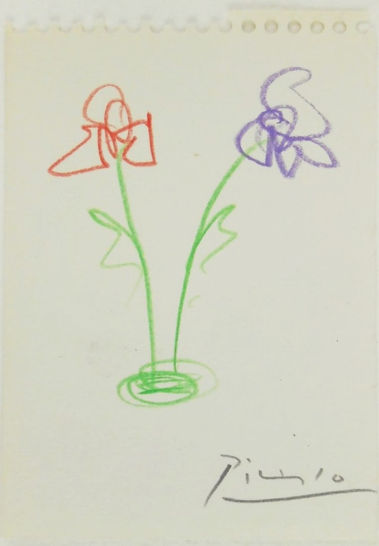 Pablo Picasso* (1881-1973) Color Pencil Drawing (See Guarantee & Disclaimer): Colored pencil drawing on wove paper, abstract with two flowers, pencil signed (Pablo Picasso*, 1881-1973). Circa 1968. 4 1/2 x 3 1/4 inches. Very good condition, having no visible damage or repairs. 
