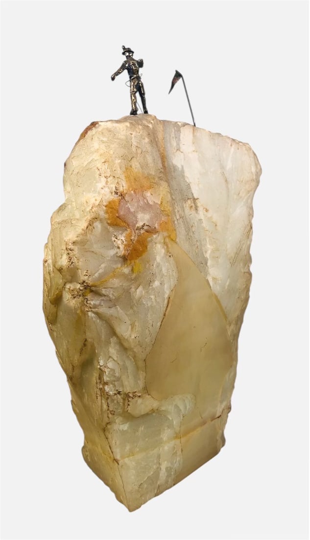 Natural Crystal Sculpture With Mountaineers: Interesting natural crystal formation (as a sculpture) with added metal mountaineering figures, circa late 20th Century. Artist signed. H. 15 inches W. 9 inches