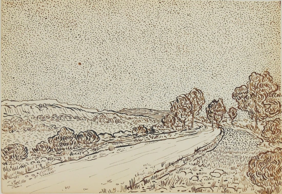 Vincent Van Gogh* (1853-1890) Ink Drawing (See Guarantee & Disclaimer): Pen and ink drawing on laid paper, rural summer landscape, signed (Vincent van Gogh*, 1853-1890). 7 5/8 x 11 inches. Very good condition, having no readily apparent damage or repairs. Removed from fra