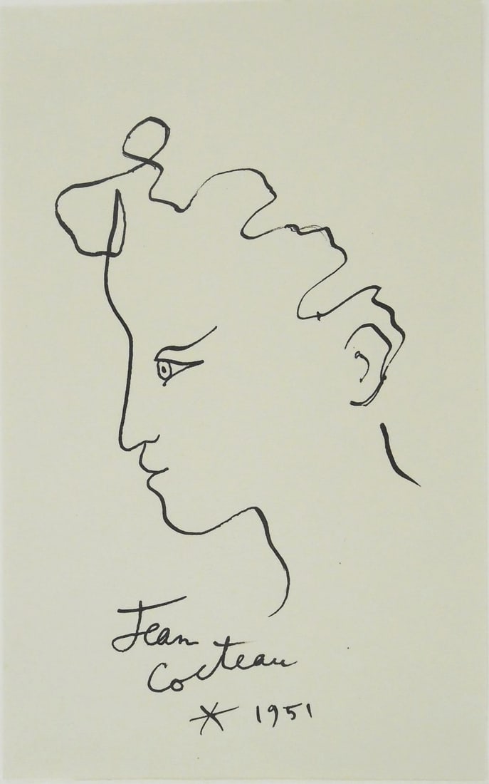 Jean Cocteau* (1889-1963) Pen & Ink Drawing: Black ink drawing on wove paper, portrait of a youth, signed (Jean Cocteau*, 1889-1963). Dated 1951. 7 1/4 x 4 3/8 inches. Good condition overall; no apparent damage or repairs. Removed from frame to