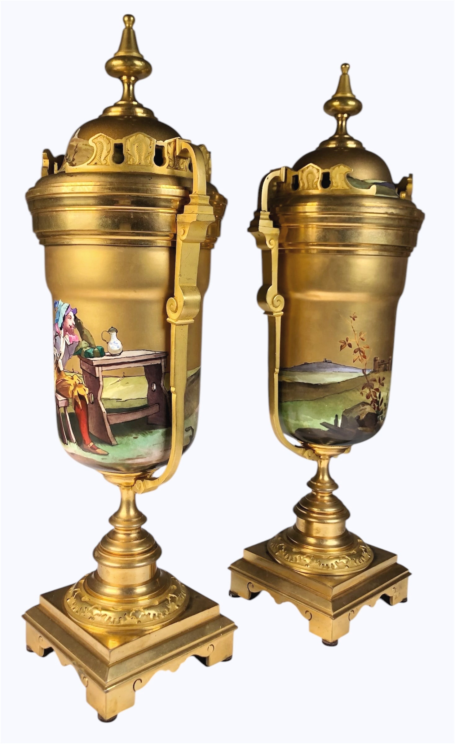 Pair Of Gilt Bronze Urns, French, 19th Century: Pair of gilt bronze covered urns, with enamel paintings, French, circa 1900. Very good condition overall. H. 14 inches