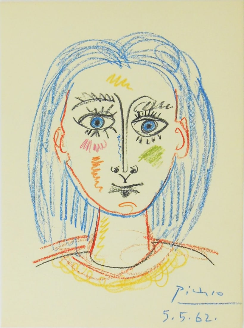 Pablo Picasso* (1881-1973) Colored Pencil Drawing (See Guarantee & Disclaimer): Colored pencil drawing on light-cream-colored wove paper, portrait of a girl, signed and dated (Pablo Picasso*, 1881-1973). Very good condition. No visible damage or repairs. Removed from frame for in