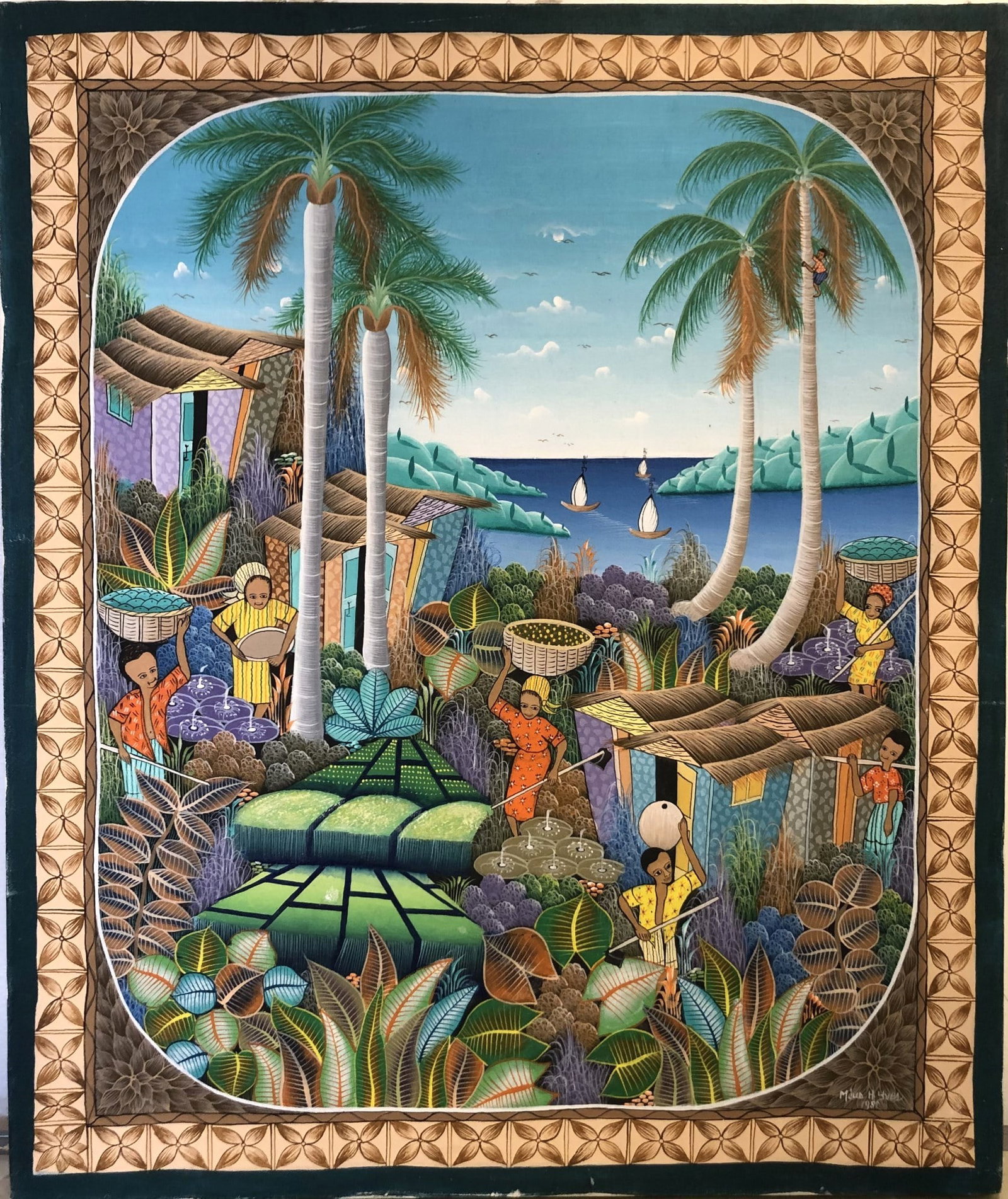 Henri Yves Meus (20th c.) Acrylic Painting: Haitian acrylic painting on canvas by Henri Yves Meus (20th c.), colorful landscape, 24 x 20 inches. Unframed. Overall condition is very good.