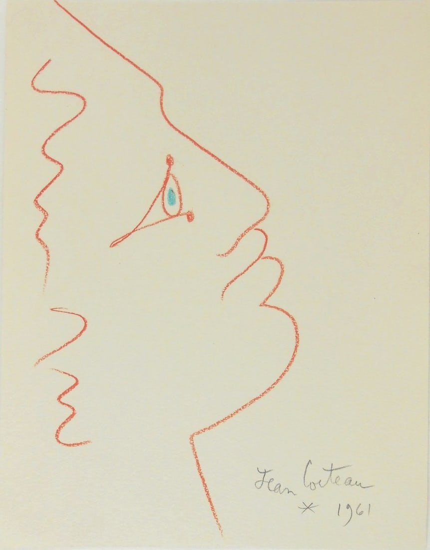 Jean Cocteau* (1889-1963) Colored Pencil Drawing (See Guarantee & Disclaimer): Colored pencil drawing on laid paper, face in profile, pencil signed and dated (Jean Cocteau*, 1889-1963). 10 x 7 3/4 inches. Excellent condition overall, having no apparent damage or repairs. Removed