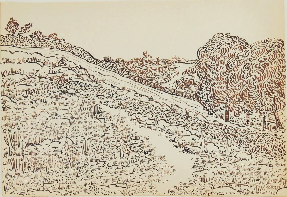 Vincent Van Gogh* (1853-1890) Ink Drawing (See Guarantee & Disclaimer): Pen and ink drawing on laid paper, hilly landscape, signed (Vincent van Gogh*, 1853-1890). 7 5/8 x 11 inches. Very good condition, having no readily apparent damage or repairs. Removed from frame for