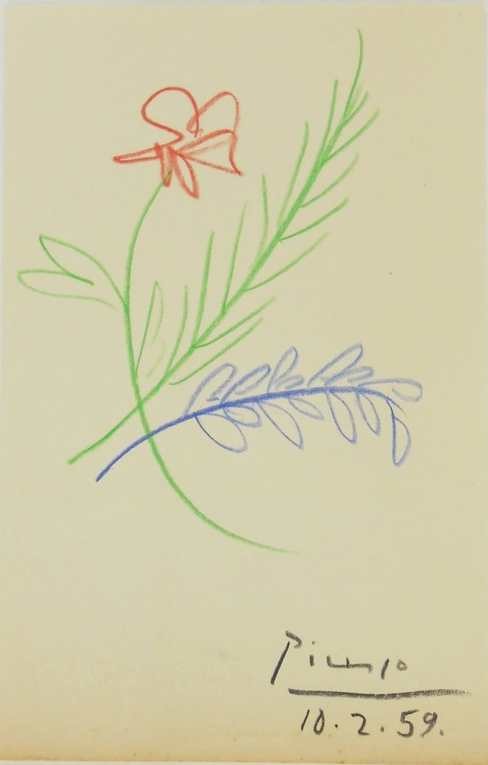 Pablo Picasso* (1881-1973) Color Pencil Drawing (See Guarantee & Disclaimer): Colored pencil drawing on wove paper, abstract with flower & foliage, signed in black pencil and dated (Pablo Picasso*, 1881-1973). 6 7/8 x 4 3/8 inches. Very good condition, having no visible damage 