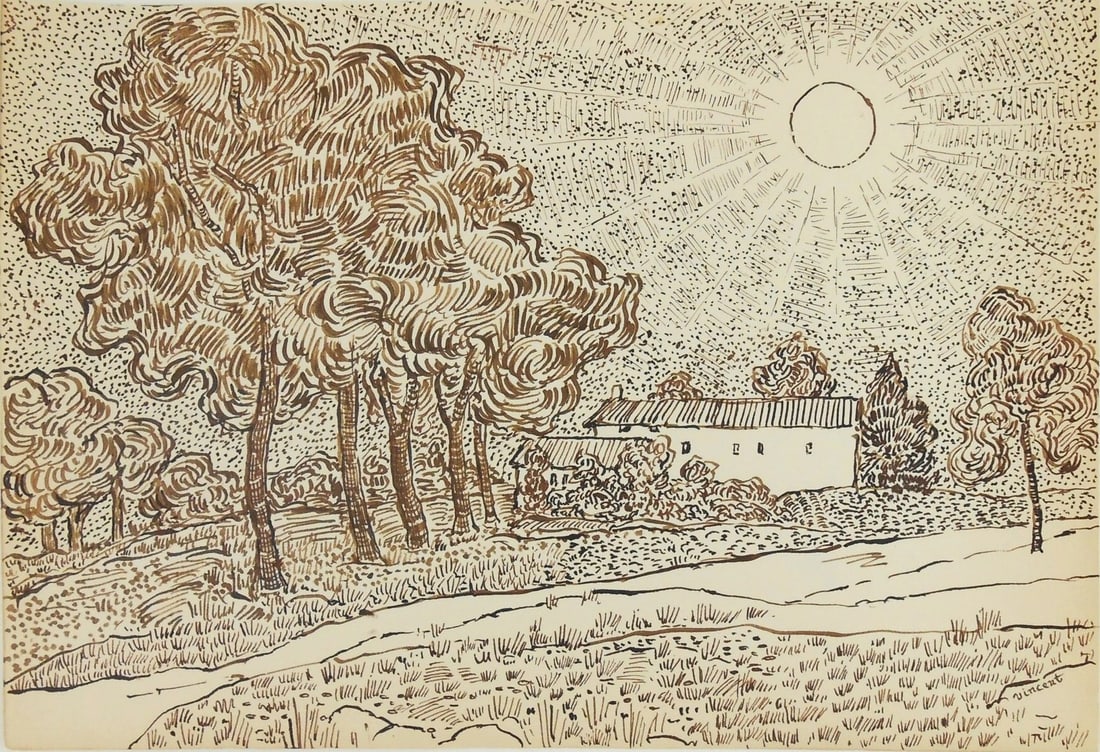 Vincent Van Gogh* (1853-1890) Ink Drawing (See Guarantee & Disclaimer): Pen and ink drawing on laid paper, landscape with house and sun, signed (Vincent van Gogh*, 1853-1890). 7 1/2 x 11 inches. Very good condition, having no readily apparent damage or repairs. Removed fr