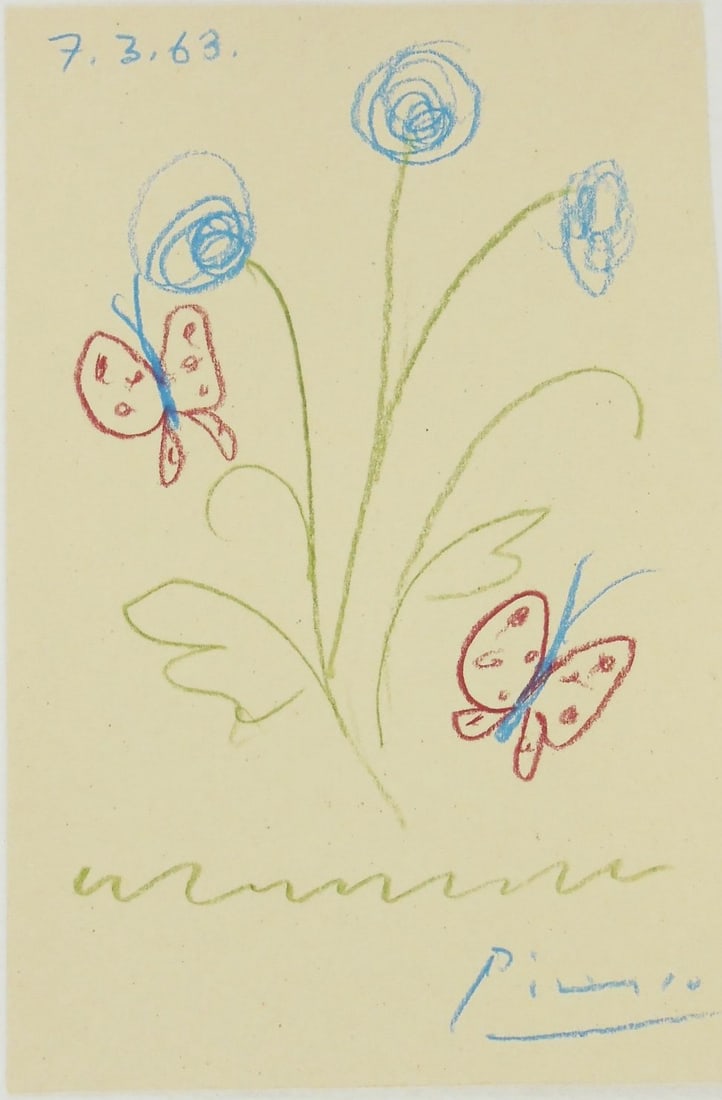 Pablo Picasso* (1881-1973) Color Pencil Drawing (See Guarantee & Disclaimer): Colored pencil drawing on cream-colored, medium-weight cardstock, abstract with flowers and butterflies, signed and dated (Pablo Picasso*, 1881-1973). Circa 1968. 6 3/4 x 4 1/2 inches. Very good condi