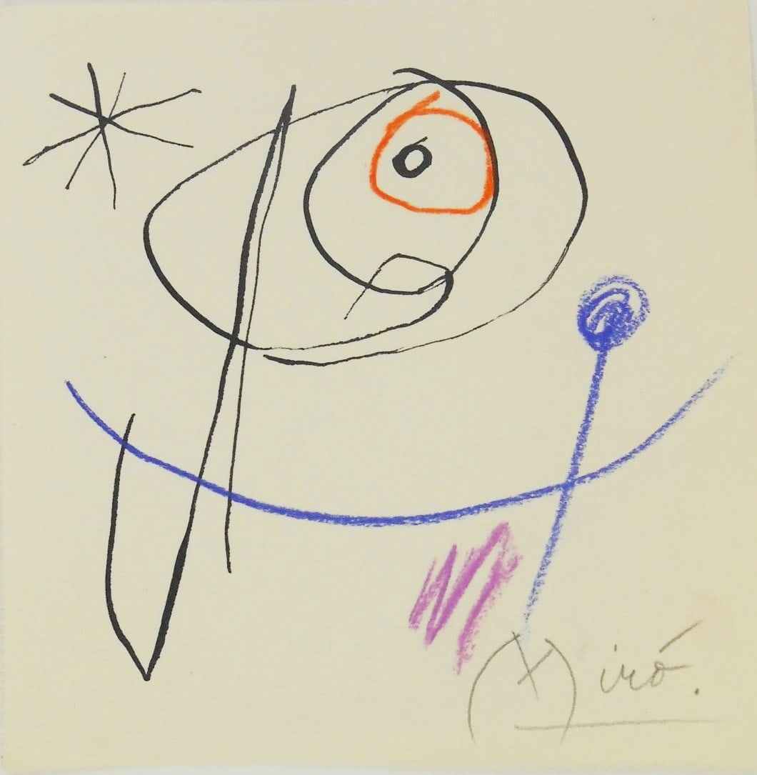 Joan Miro* (1893-1983) Mixed Media On Paper (See Guarantee & Disclaimer): Mixed media drawing on wove paper (Guarro watermark), untitled abstract composition, pencil signed (Joan Miro*, 1893-1983). Circa 1970's. 5 5/8 x 5 5/8 inches. Excellent condition. Unframed for inspec