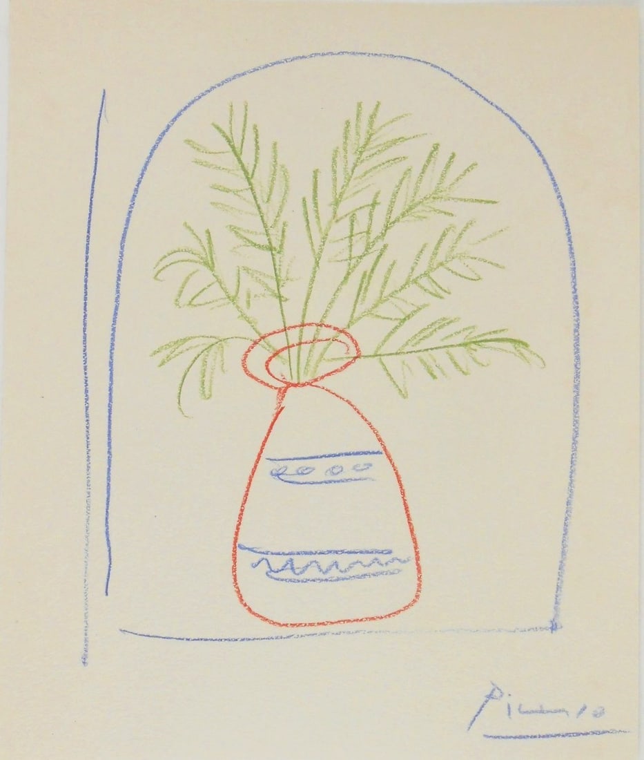 Pablo Picasso* (1881-1973) Color Pencil Drawing (See Guarantee & Disclaimer): Colored pencil drawing on wove paper, vase with foliage, signed (Pablo Picasso*, 1881-1973). Circa 1955-1965. 9 1/2 x 7 7/8 inches. Very good condition, having no visible damage or repairs. Unframed f