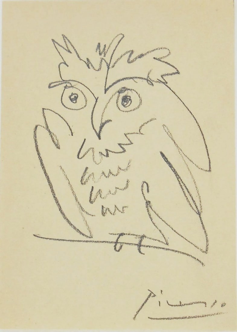 Pablo Picasso* (1881-1973) Pencil Drawing (See Guarantee & Disclaimer): Pencil drawing on off-white wove paper, portrait of an owl, pencil signed (Pablo Picasso*, 1881-1973). Circa 1968. 5 5/8 x 4 inches. Very good condition, having no visible damage or repairs. Unframed 