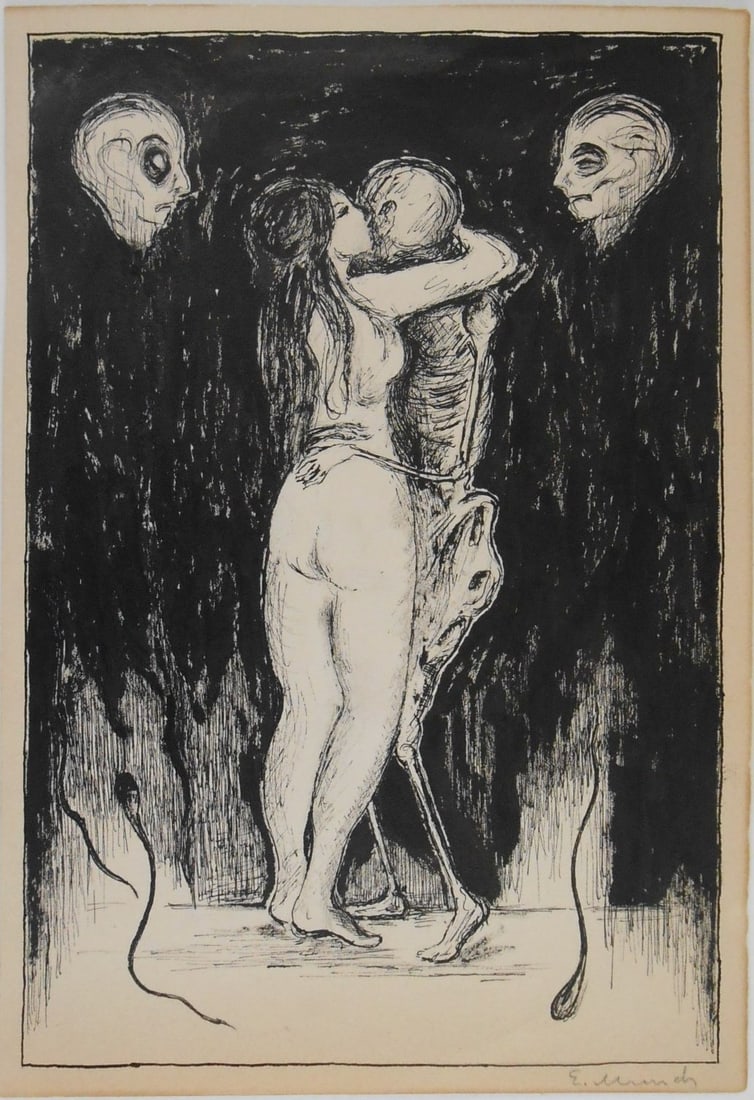 Edvard Munch* (1863-1944) Pen & Ink Drawing (See Guarantee & Disclaimer): Pen and black ink drawing on wove paper, young woman embracing death (as a skeleton), pencil signed (Edvard Munch*, 1863-1944). 11 x 7 1/2 inches. Very good condition overall, having no major faults o