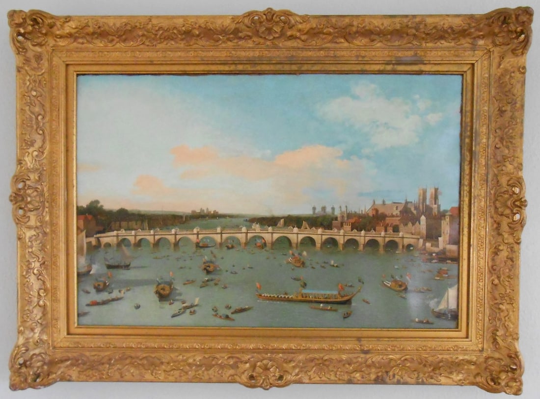 Canaletto (1697-1768) Oil On Canvas, London View: Oil on canvas, Westminster Bridge, London, attributed to Giovanni Antonio Canal (Canaletto, 1697-1768). 20 x 30 inches. Framed dimensions (approximate): 28 x 38 inches. Good condition overall; gilt fr