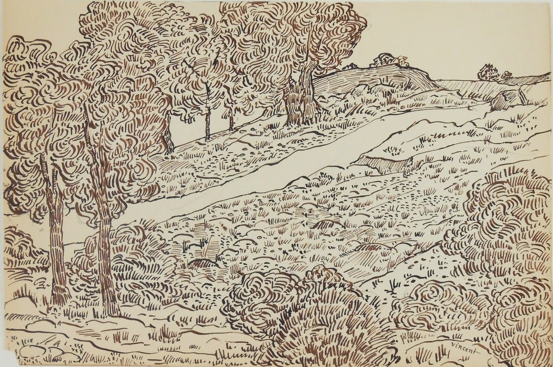 Vincent Van Gogh* (1853-1890) Ink Drawing (See Guarantee & Disclaimer): Pen and ink drawing on laid paper,hilly landscape with trees, signed (Vincent van Gogh*, 1853-1890). 7 1/2 x 11 inches. Very small paper loss at lower left corner, otherwise very good condition overal