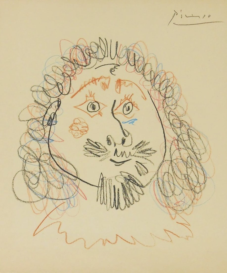 Pablo Picasso* (1881-1973) Color Pencil Drawing (See Guarantee & Disclaimer): Colored pencil drawing on cream-colored wove paper, portrait of a man, pencil signed (Pablo Picasso*, 1881-1973). 8 3/4 x 7 3/8 inches. Very good condition, having no visible damage or repairs. Unfram
