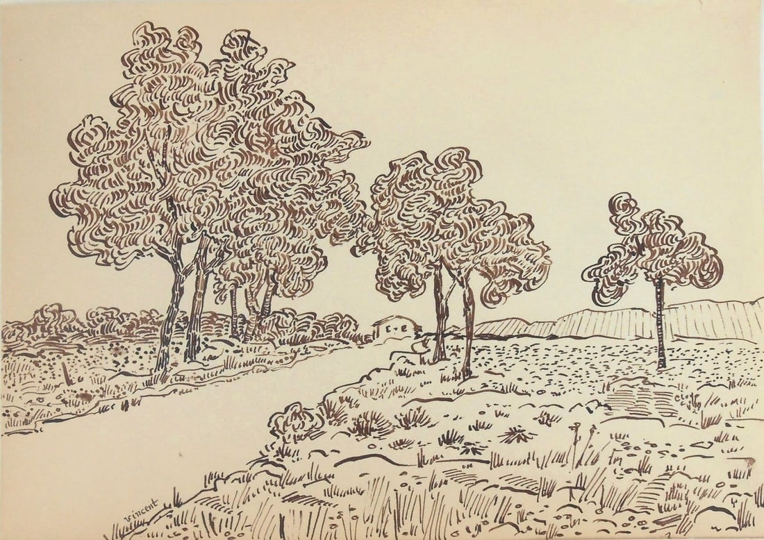 Vincent Van Gogh* (1853-1890) Ink Drawing (See Guarantee & Disclaimer): Pen and ink drawing on laid paper, landscape with path and house, signed (Vincent van Gogh*, 1853-1890). 7 3/4 x 10 7/8 inches. Very good condition, having no readily apparent damage or repairs. Remov