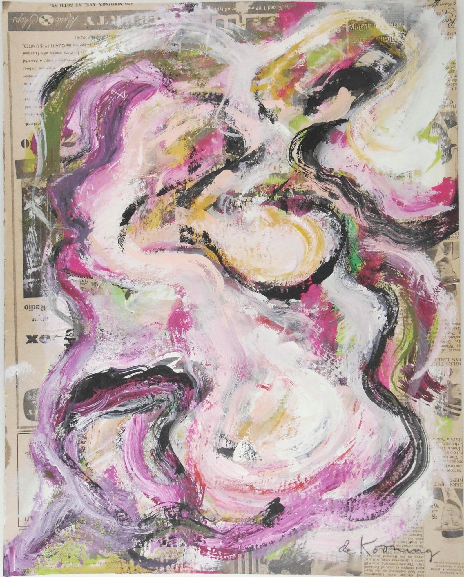 Willem De Kooning (1904-1997) Oil On Paper: Oil on newspaper mounted to board, untitled abstract (figure?), signed (Willem de Kooning, 1904-1997). 18 1/8 x 14 1/4 inches. Mounting board is very slightly bowed, otherwise excellent condition. Rem