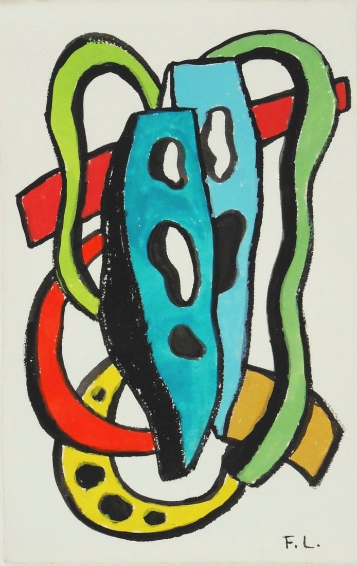 Fernand Leger* (1881-1955) Gouache (See Guarantee & Disclaimer): Gouache on wove paper, untitled abstract, signed with the artist's initials (Fernand Leger*, 1881-1955). Circa 1945-1950. 7 1/8 x 4 1/2 inches. Very good condition overall, having no apparent damage o