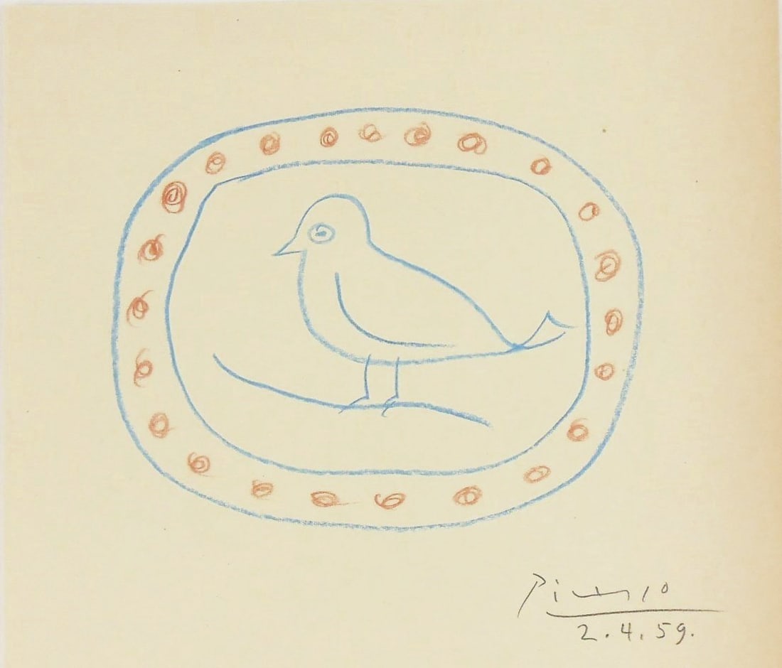 Pablo Picasso* (1881-1973) Color Pencil Drawing (See Guarantee & Disclaimer): Colored pencil drawing on cream-colored wove paper, ceramic design with blue bird, pencil signed and dated (Pablo Picasso*, 1881-1973). 7 1/8 x 8 1/8 inches. Very good condition, having no visible dam