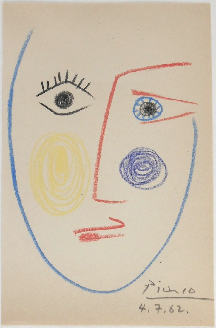 Pablo Picasso* (1881-1973) Drawing (See Guarantee & Disclaimer): Colored pencil drawing on wove paper, portrait, signed (Pablo Picasso*, 1881-1973). Dated 4.7.62. Very good condition overall, having no readily apparent damage or repairs. Has been removed from frame