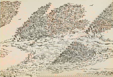 Vincent Van Gogh* (1853-1890) Ink Drawing (See Guarantee & Disclaimer): Pen and ink drawing on laid paper, landscape with trees and path, signed (Vincent van Gogh*, 1853-1890). Very good condition, having no readily apparent damage or repairs. Removed from frame for