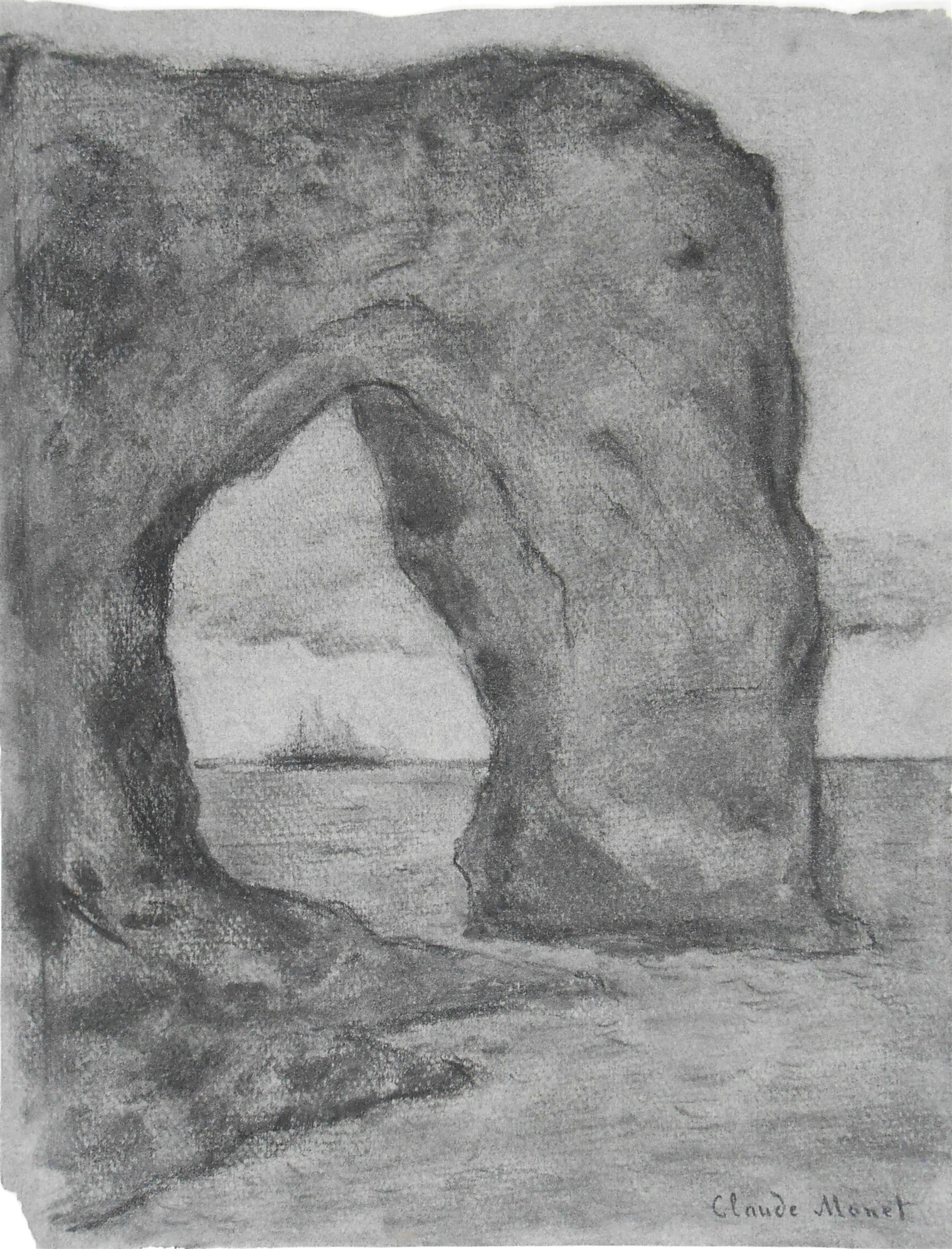 Claude Monet* (1840-1926) Charcoal Drawing (See Guarantee & Disclaimer): Charcoal drawing on bluish-grey wove paper, "La Manneporte", signed (Claude Monet*, 1840-1926). Circa 1880-1890. Good condition overall. Unframed for inspection, photographing, and shipping. Sold unfr