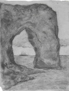 Claude Monet* (1840-1926) Charcoal Drawing (See Guarantee & Disclaimer): Charcoal drawing on bluish-grey wove paper, "La Manneporte", signed (Claude Monet*, 1840-1926). Circa 1880-1890. Good condition overall. Unframed for inspection, photographing, and shipping. Sold