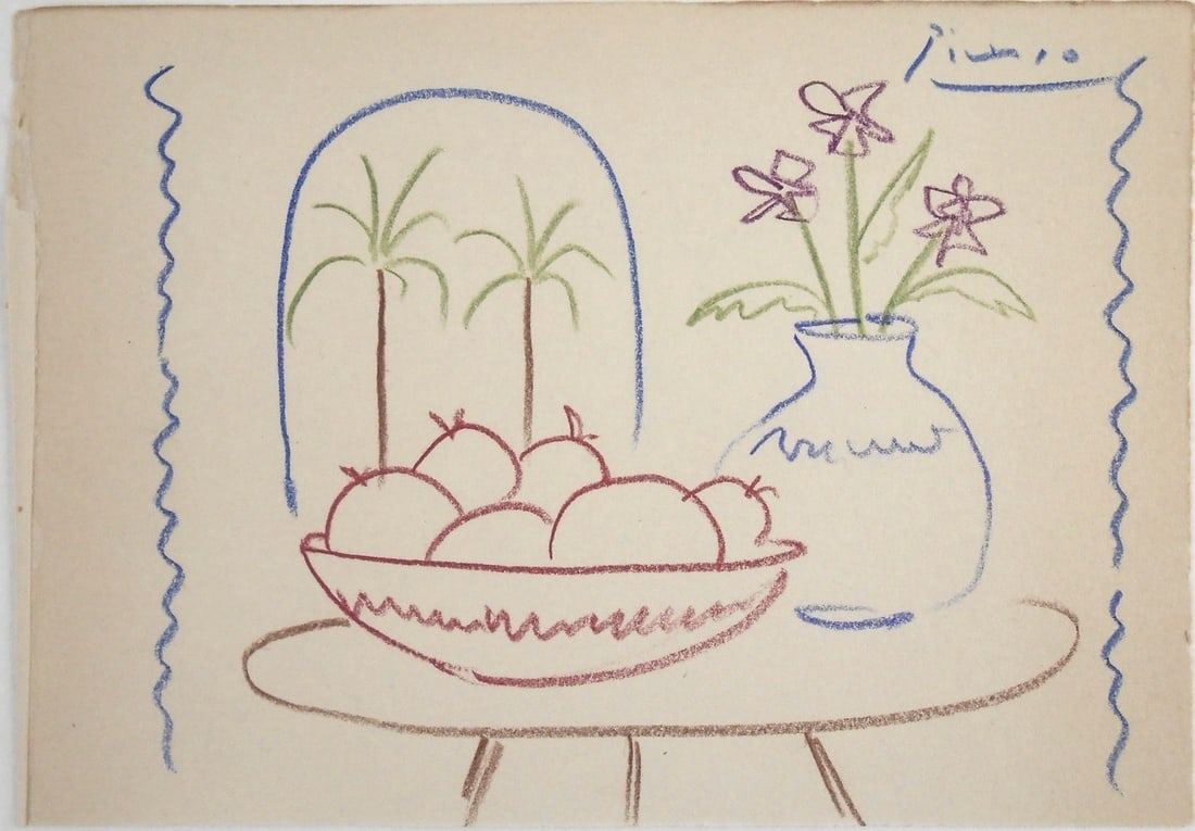 Pablo Picasso* (1881-1973) Drawing (See Guarantee & Disclaimer): Colored pencil drawing on wove paper, still life with bowl of fruit, signed (Pablo Picasso*, 1881-1973). Very good condition overall, having no readily apparent damage or repairs. Has been removed fro