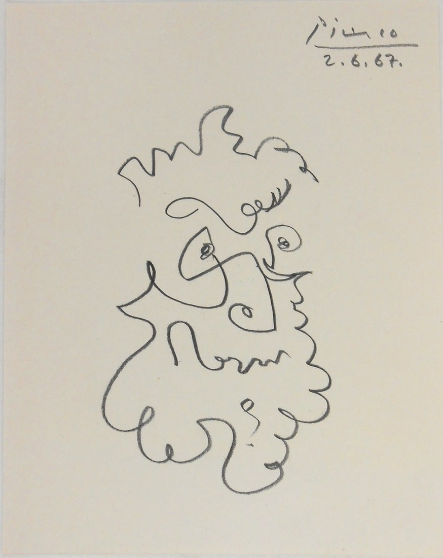 Pablo Picasso* (1881-1973) Drawing (See Guarantee & Disclaimer): Black pencil drawing on smooth wove paper, bearded man, signed (Pablo Picasso*, 1881-1973). Dated 2.6.67. Very good condition overall, having no readily apparent damage or repairs. Removed from frame 