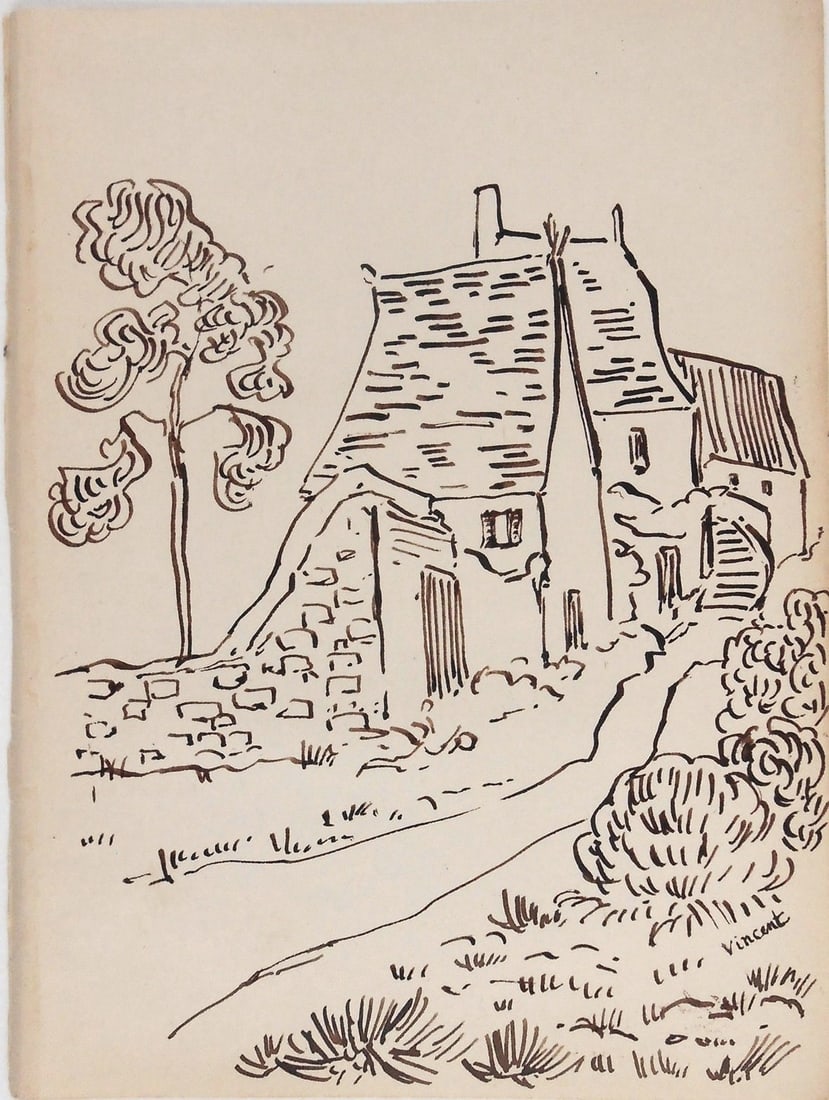 Vincent Van Gogh* (1853-1890) Sketchbook Drawing (See Guarantee & Disclaimer): Brown ink sketchbook drawing on medium weight wove paper, landscape with village houses, signed (Vincent van Gogh*, 1853-1890). Very good condition overall. No repairs or visible damage. Sold unframed