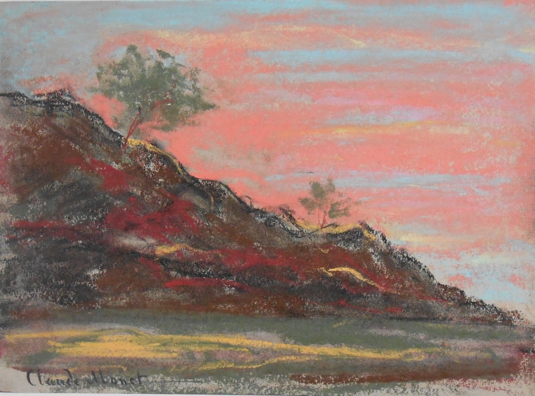 Claude Monet* (1840-1926) Pastel (See Guarantee & Disclaimer): Pastel on colored wove paper, landscape with vivid sunset, signed (Claude Monet*, 1840-1926). Circa 1885-1895. Good condition overall. Unframed for inspection, photographing, and shipping. Sold unfram