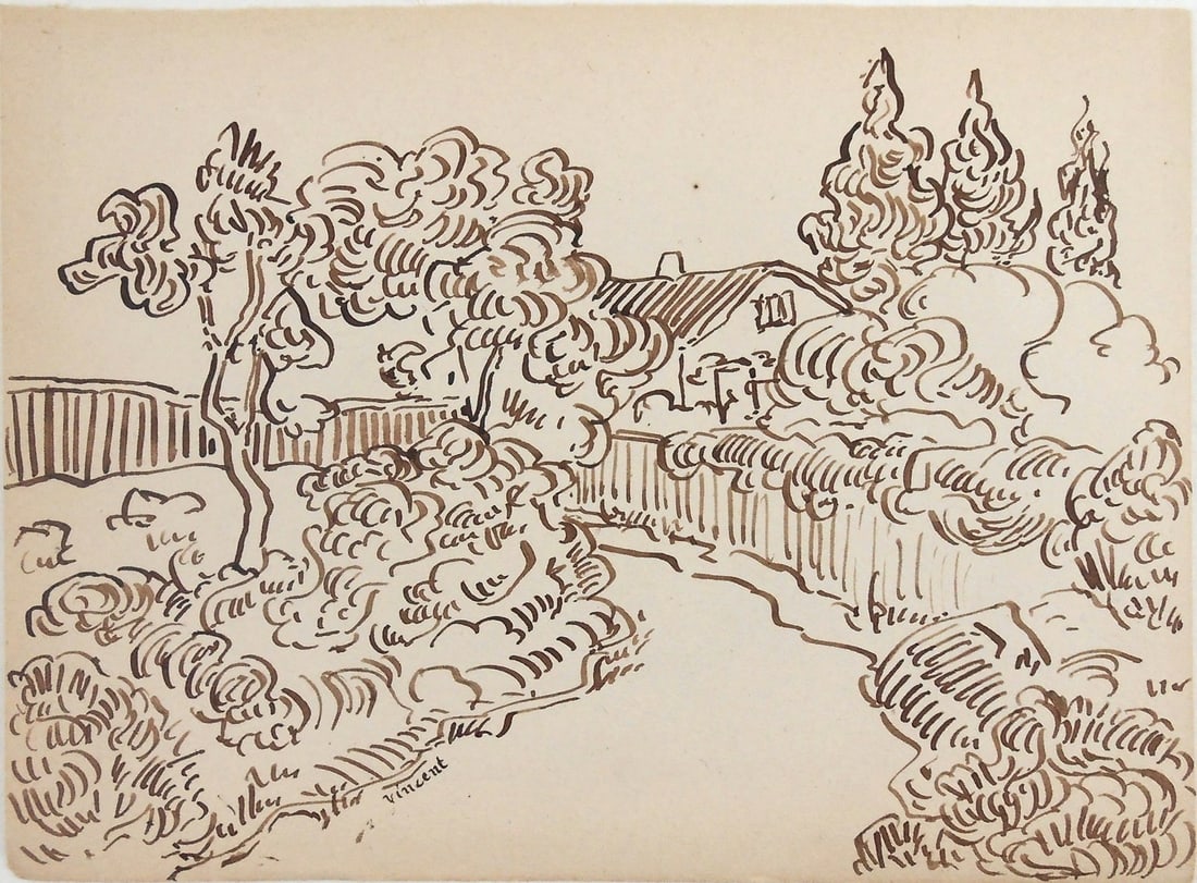 Vincent Van Gogh* (1853-1890) Sketchbook Drawing (See Guarantee & Disclaimer): Brown ink sketchbook drawing on medium weight wove paper, landscape with house and path, signed (Vincent van Gogh*, 1853-1890). Very good condition overall. No repairs or visible damage. Sold unframed