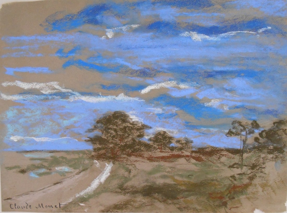 Claude Monet* (1840-1926) Pastel (See Guarantee & Disclaimer): Pastel on colored wove paper, landscape with trees, signed (Claude Monet*, 1840-1926). Circa 1890-1900. Good condition overall. Unframed for inspection, photographing, and shipping. Sold unframed. Dim