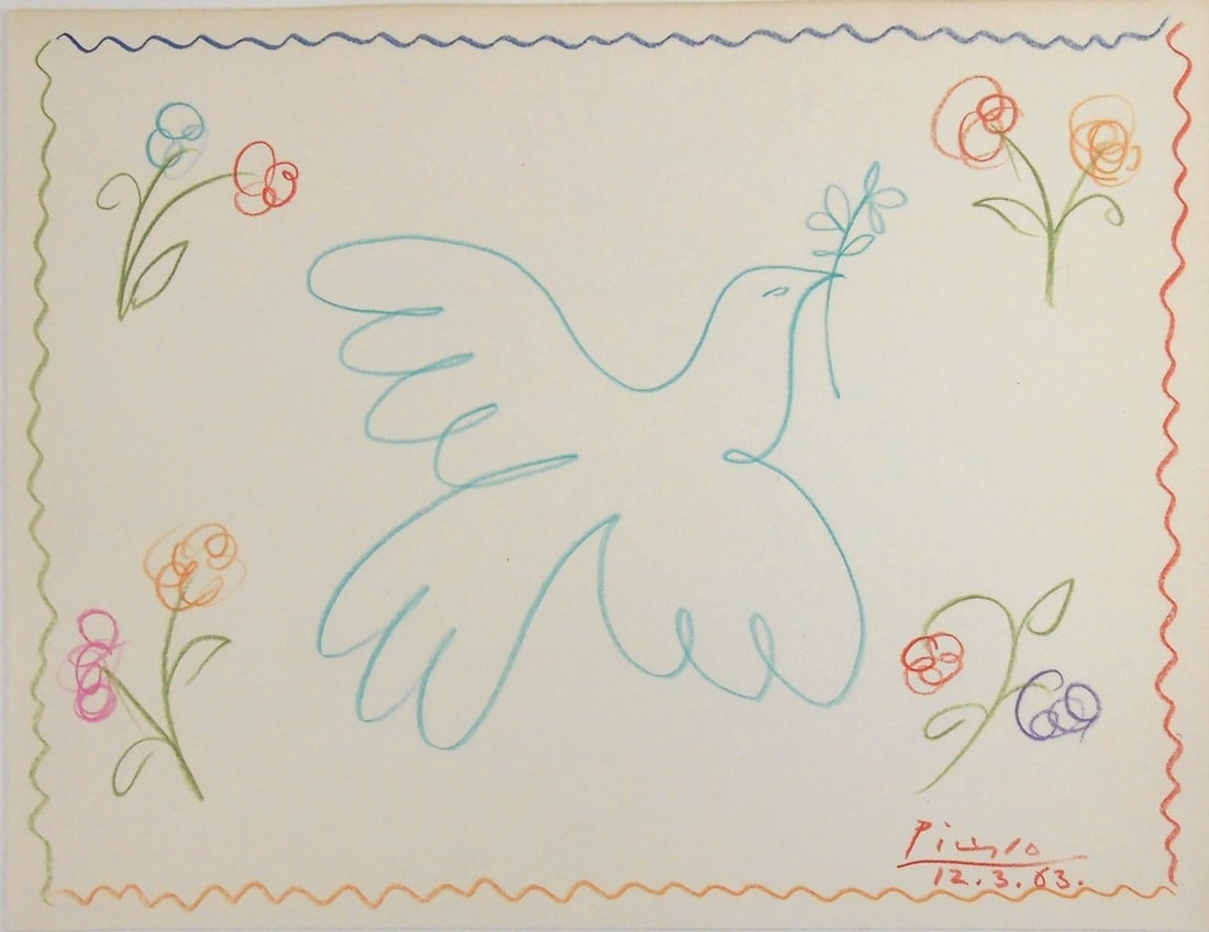 Pablo Picasso* (1881-1973) Drawing (See Guarantee & Disclaimer): Colored pencil drawing on wove paper, dove of peace, signed and dated (Pablo Picasso*, 1881-1973). Very good condition overall, having no readily apparent damage or repairs. Has been removed from fram