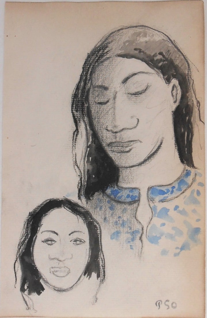 Paul Gauguin* (1848-1903) Pencil With Watercolor (See Guarantee & Disclaimer): Charcoal and pencil drawing with blue watercolor on laid paper, studies of Tahitian women, circa 1893-94, signed with the artist's monogram (Paul Gauguin*, 1848-1903). Very good condition overall, hav