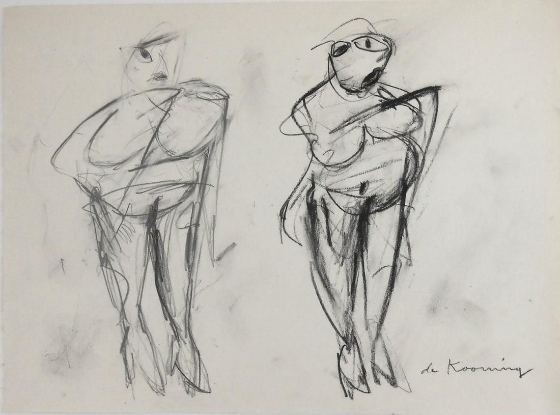 Willem De Kooning* (1904-1997) Charcoal Drawing (See Guarantee & Disclaimer: Charcoal and pencil studies on wove paper, standing women, signed (Willem de Kooning*, 1904-1997). Circa 1950-1955. Very good condition, having no apparent damage or repairs. Removed from frame for in