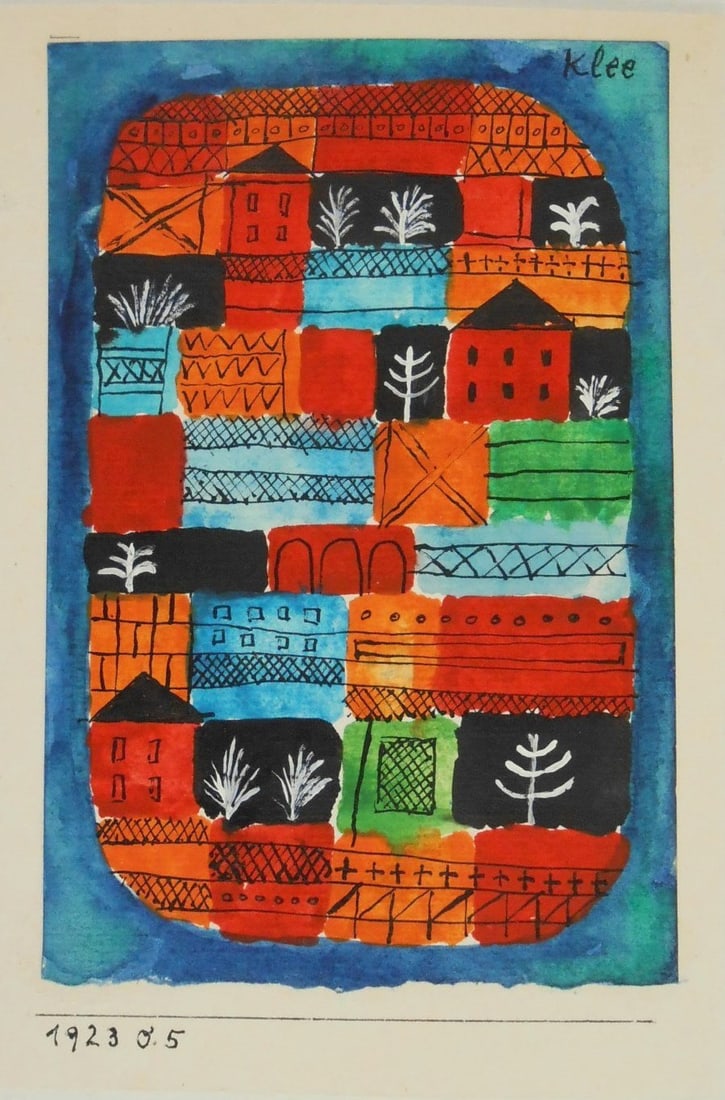 Paul Klee* (1879-1940) Watercolor (See Guarantee & Disclaimer): Watercolor, gouache, and ink on paper laid down to artist's mount. Untitled composition, signed upper right corner, (Paul Klee*, 1879-1940). Dated on mount, 1923. Very good condition overall, having n