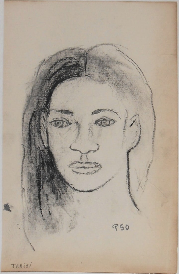 Paul Gauguin* (1848-1903) Charcoal Drawing (See Guarantee & Disclaimer): Pencil and charcoal drawing on laid paper, portrait of a Tahitian beauty, circa 1893-94, signed with the artist's monogram (Paul Gauguin*, 1848-1903). Very good condition overall, having no visible da