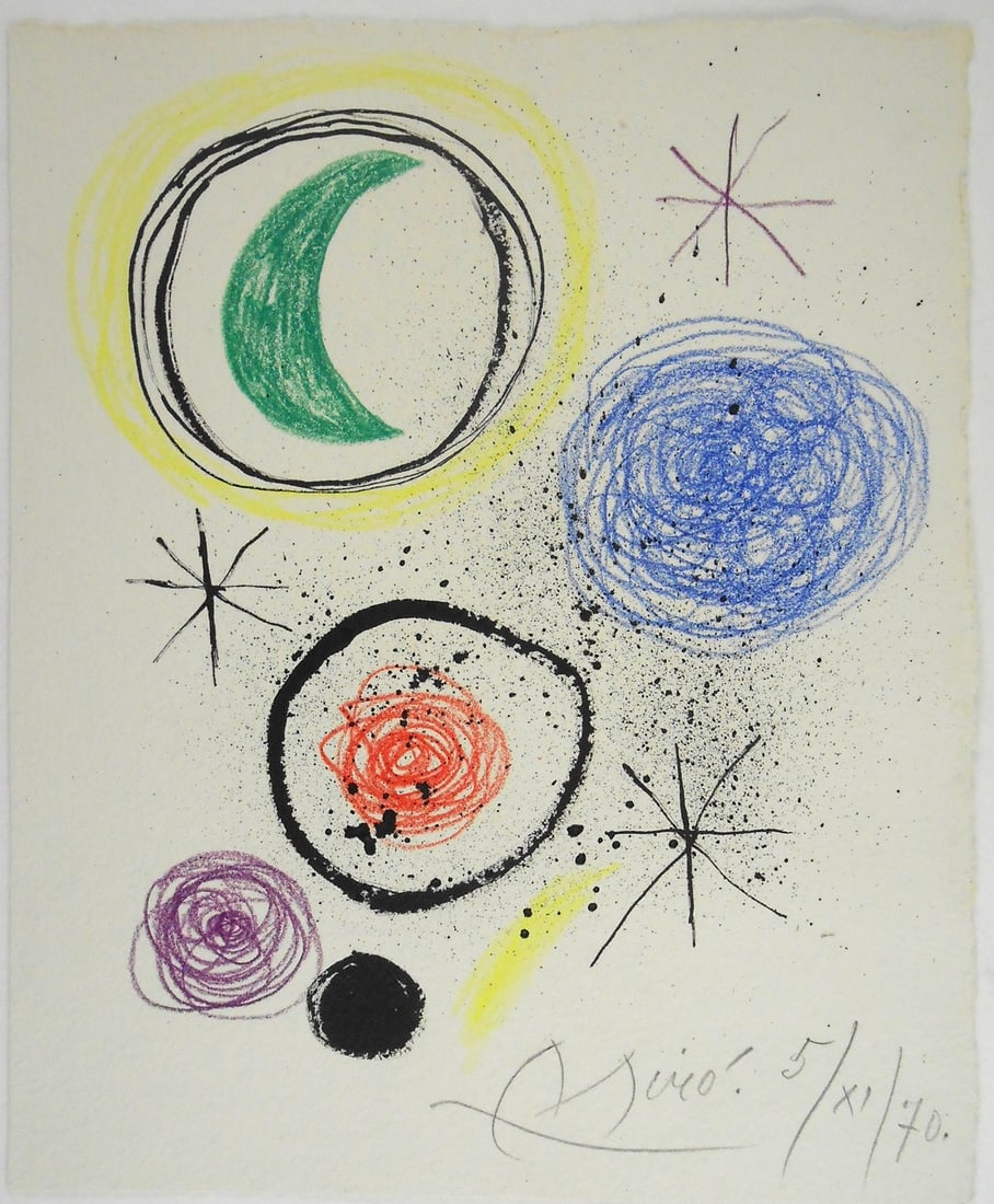 Joan Miro* (1893-1983) Mixed Media Drawing (See Guarantee & Disclaimer): Mixed media drawing on medium weight handmade wove paper, untitled abstract with green moon and constellations, pencil signed and dated (Joan Miro*, 1893-1983). Very good condition. No visible damage 