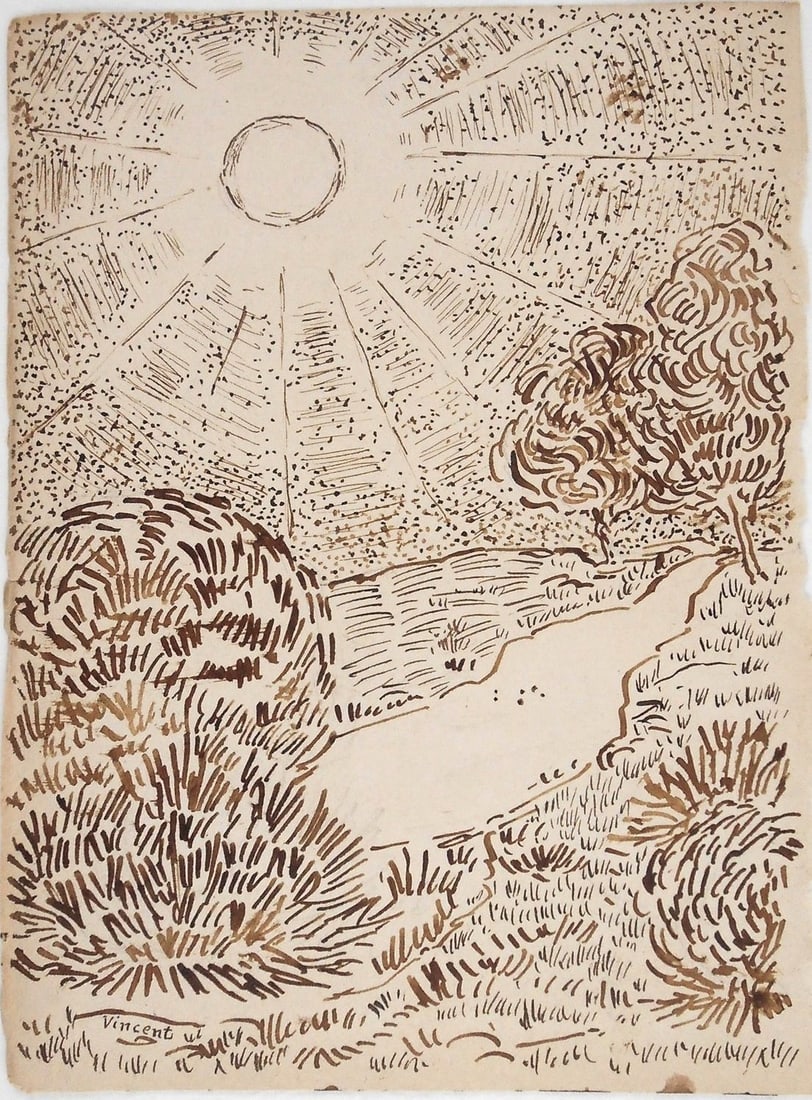 Vincent Van Gogh* (1853-1890) Sketchbook Drawing (See Guarantee & Disclaimer): Double-sided brown ink sketchbook drawing on medium weight wove paper, landscape with trees and sun on one side, study of a starlit sky on reverse, both drawings are signed (Vincent van Gogh*, 1853-18