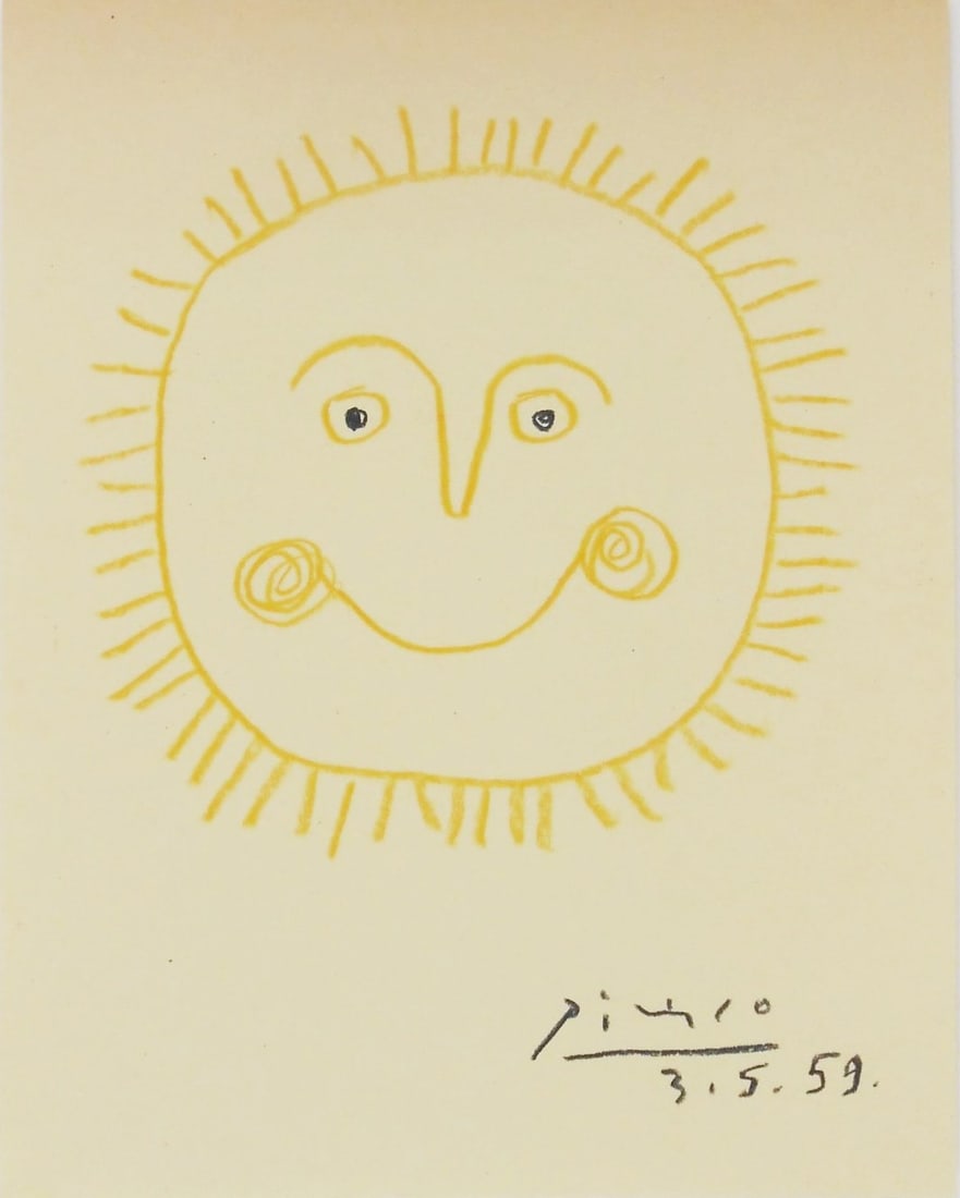 Pablo Picasso* (1881-1973) Color Pencil Drawing (See Guarantee & Disclaimer): Colored pencil drawing on wove cream-colored paper, ceramic design (smiling sun), signed in black pencil and dated (Pablo Picasso*, 1881-1973). 8 1/8 x 6 3/8 inches. Very good condition, having no vis